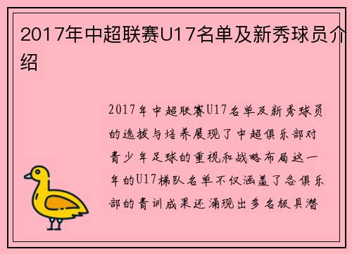 2017年中超联赛U17名单及新秀球员介绍